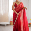 Red Organza Silk Saree with Designer Gold Lace Border Matching Blouse
