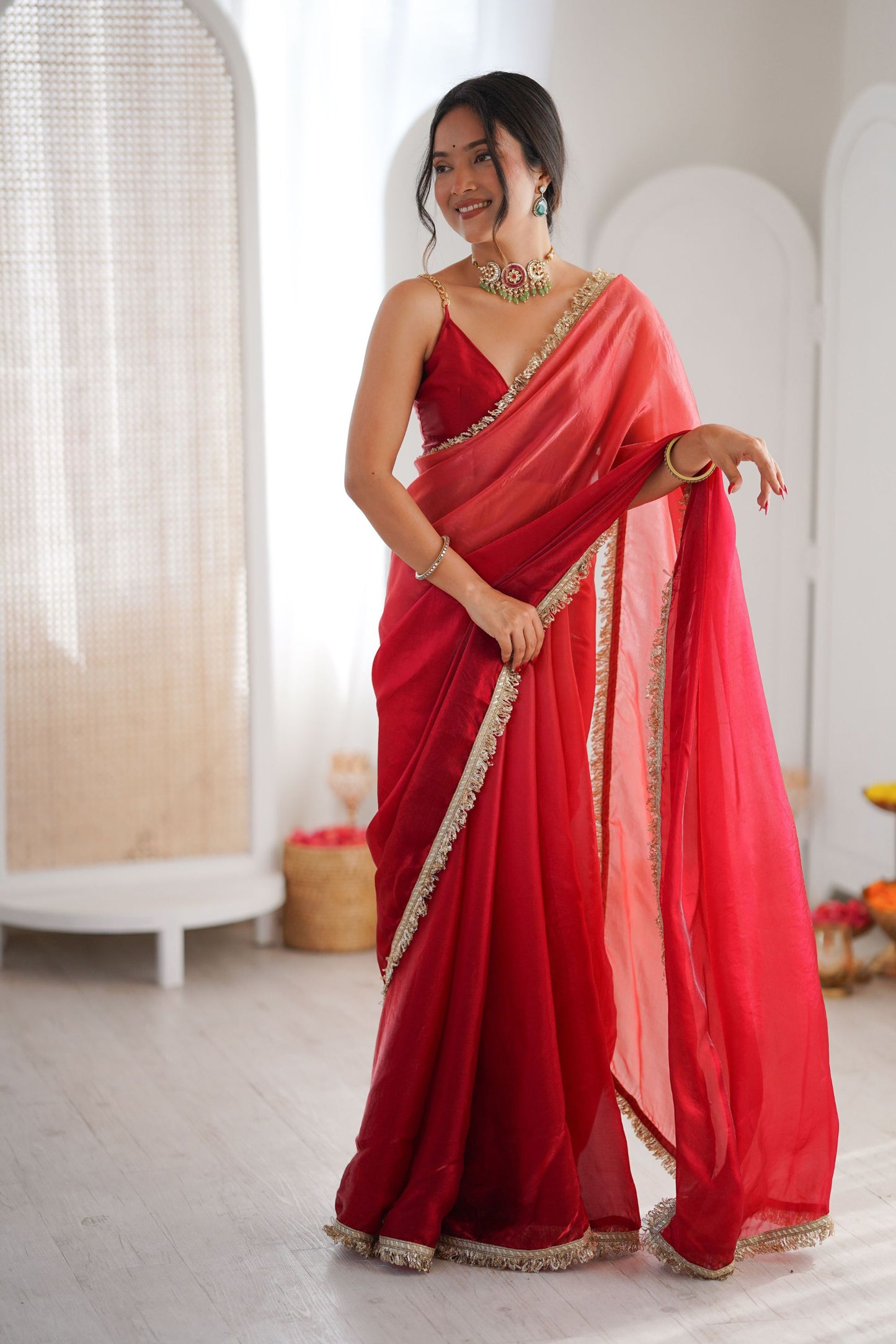 Red Organza Silk Saree with Designer Gold Lace Border Matching Blouse
