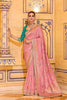 Pastel Pink Banarasi Silk Saree with Golden Zari Contrast Teal Blouse