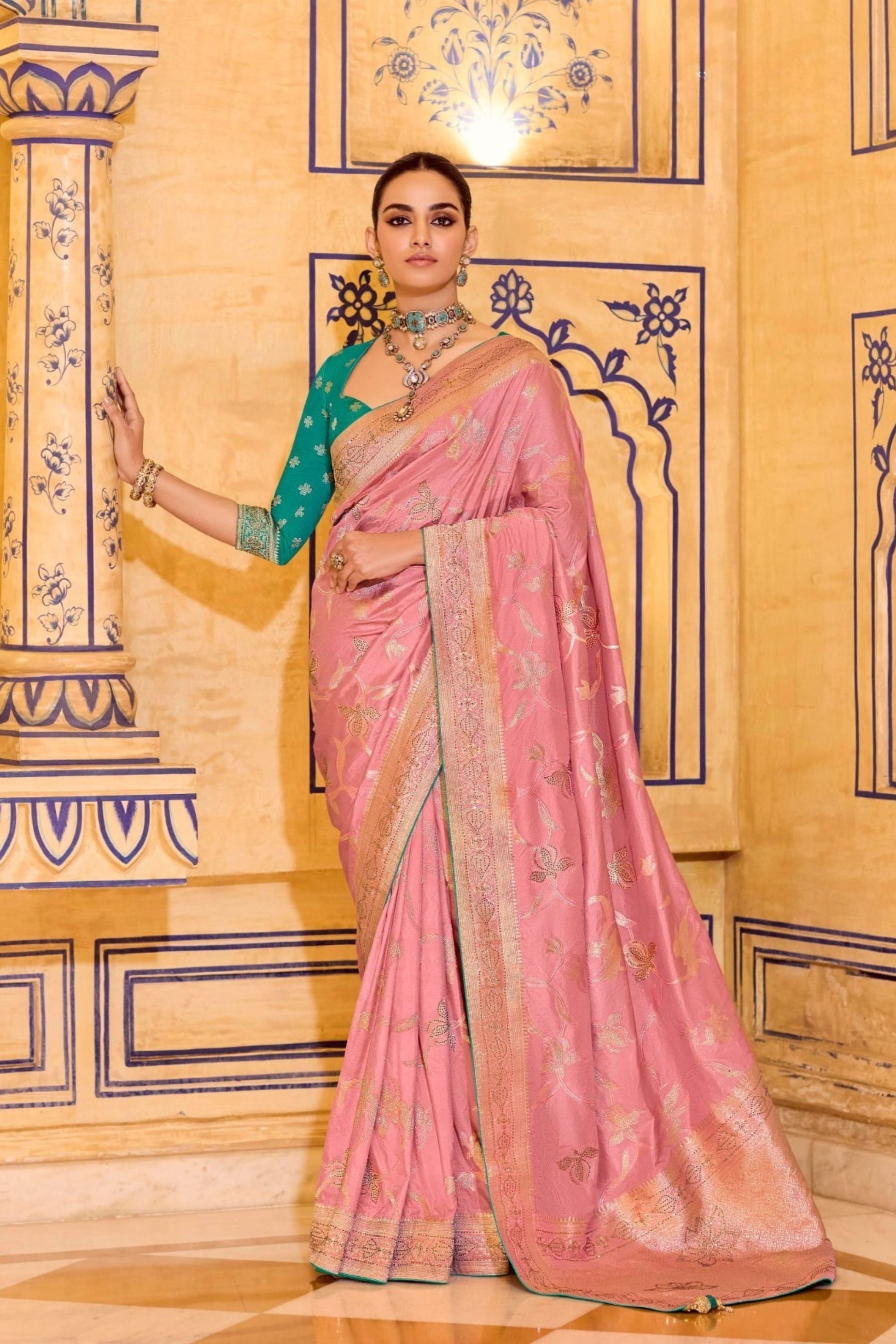 Pastel Pink Banarasi Silk Saree with Golden Zari Contrast Teal Blouse