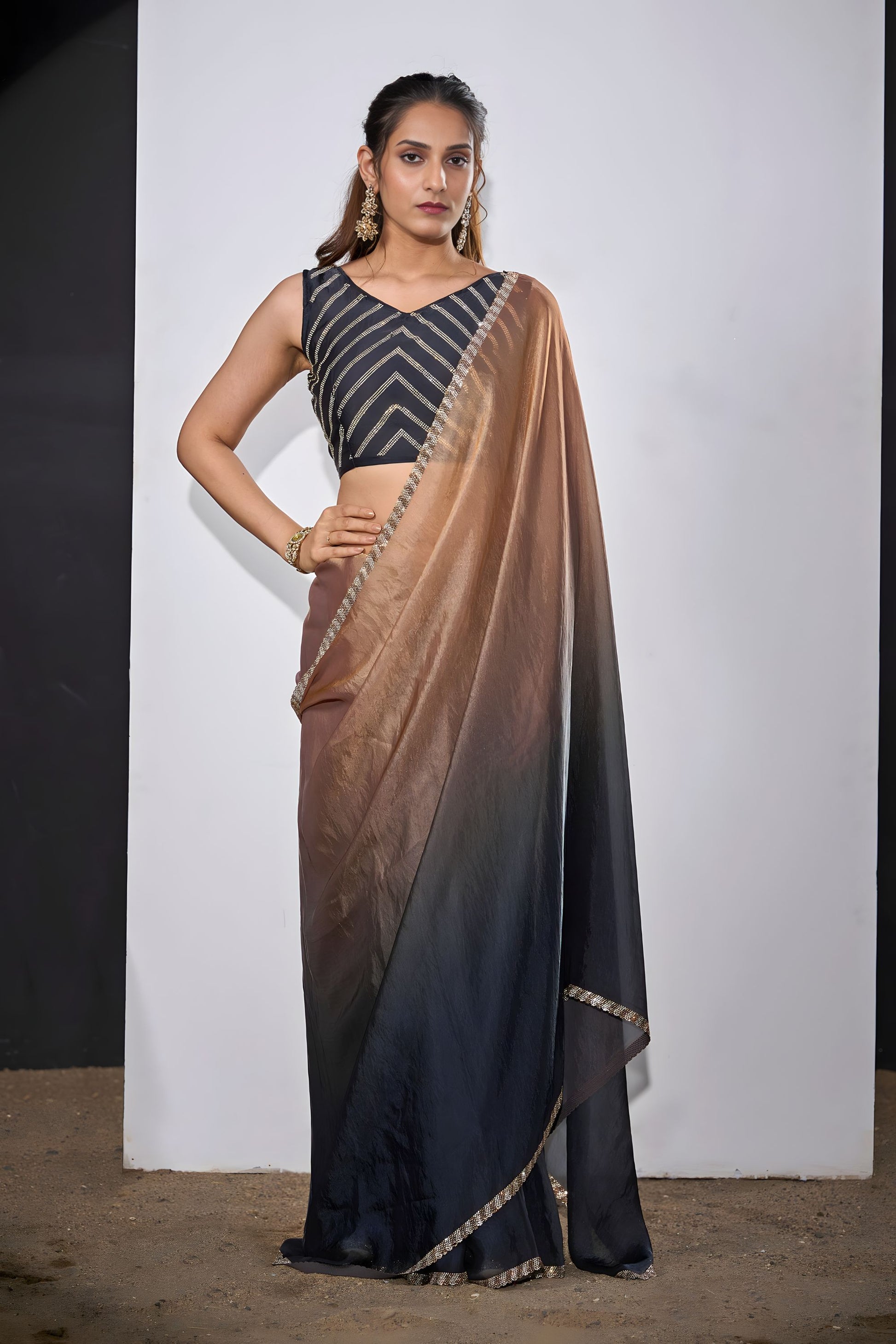 Elegant Black Copper Dual Tone Saree with Designer Border