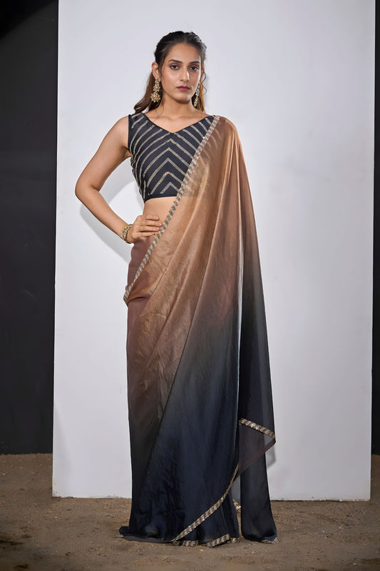 Elegant Black Copper Dual Tone Saree with Designer Border