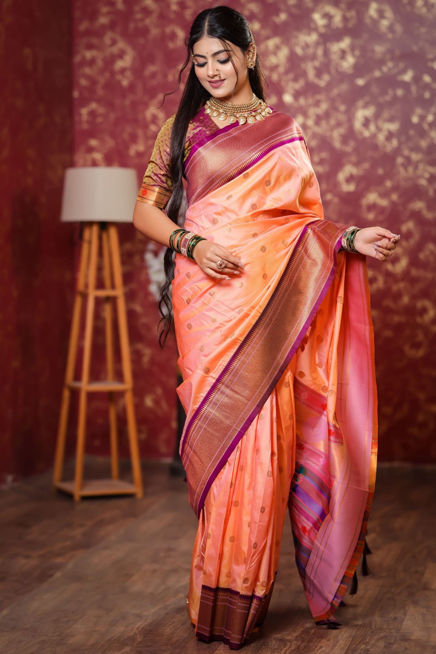 Peach Kanjivaram Silk Saree with Gold Zari Border Butti Work