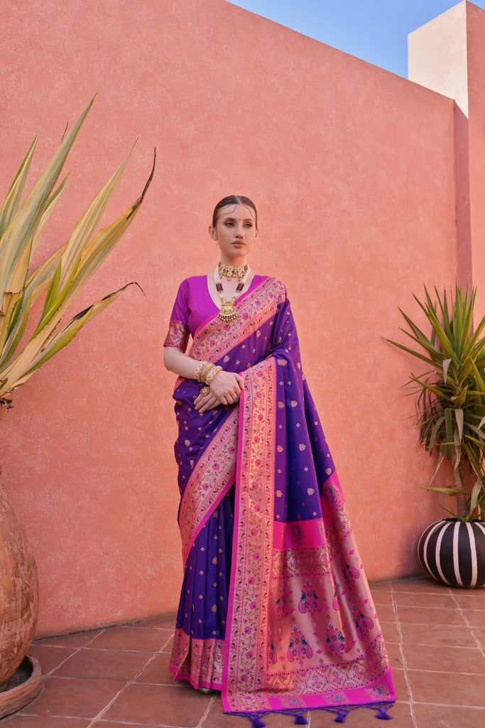 Royal Purple Pink Kanjivaram Silk Saree with Golden Zari Festive Wear
