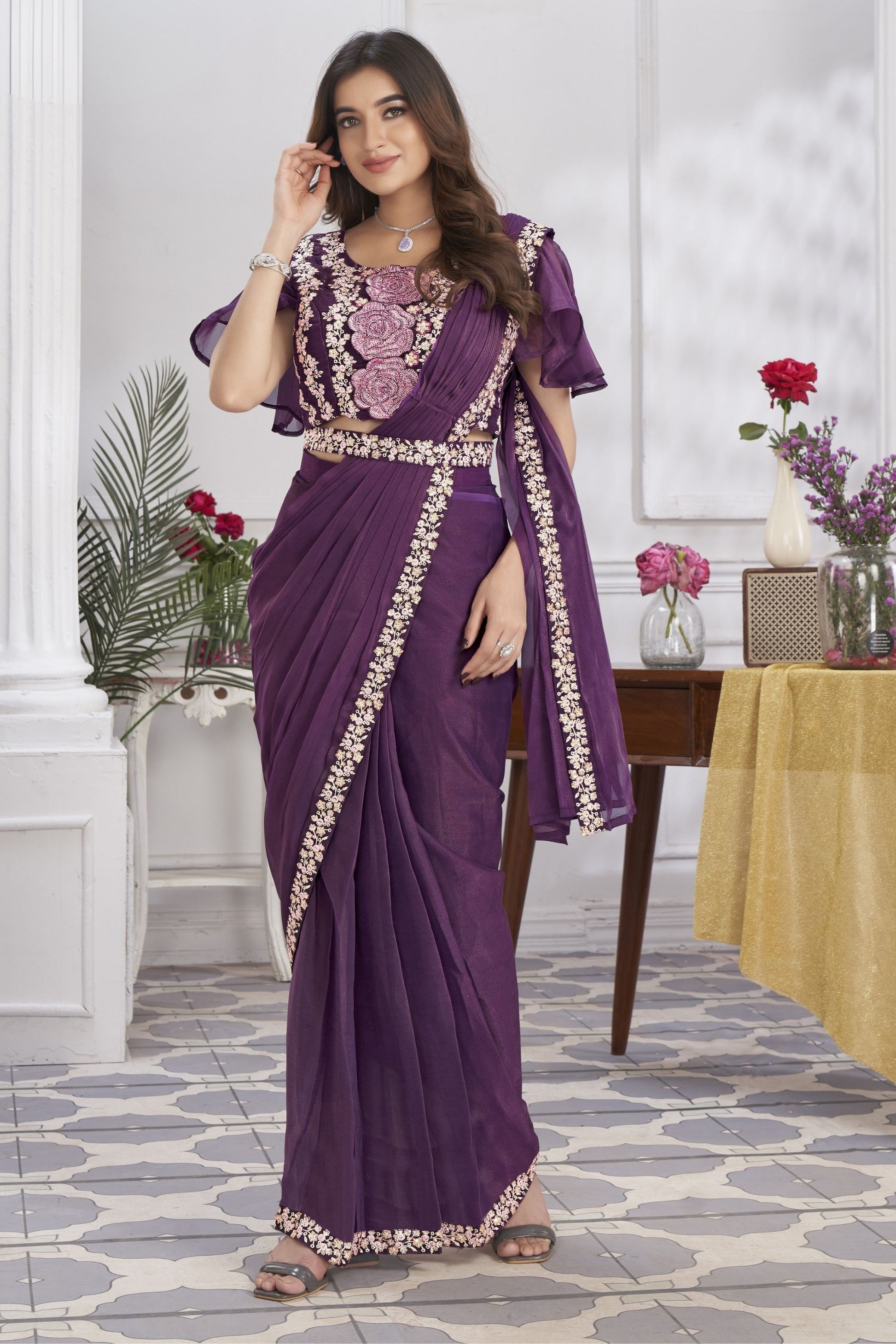 Elegant Wine Purple Designer Saree with Floral Embroidered Blouse
