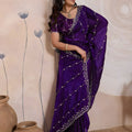 Royal Purple Silk Saree Golden Zari Embroidery Border Matching Blouse