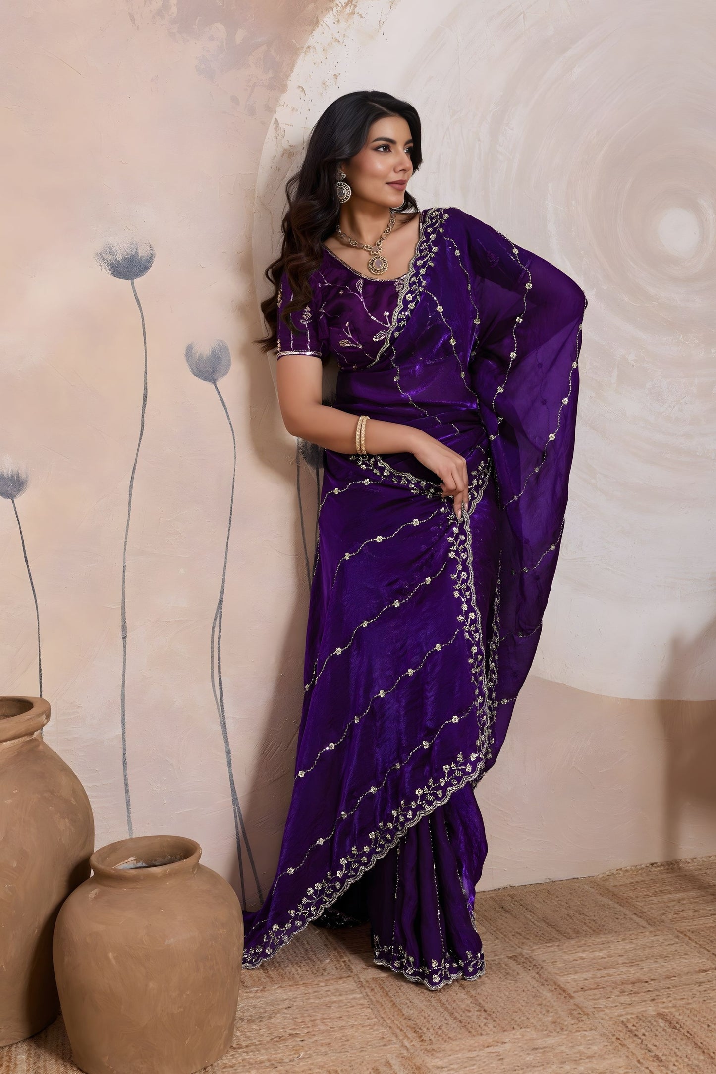 Royal Purple Silk Saree Golden Zari Embroidery Border Matching Blouse