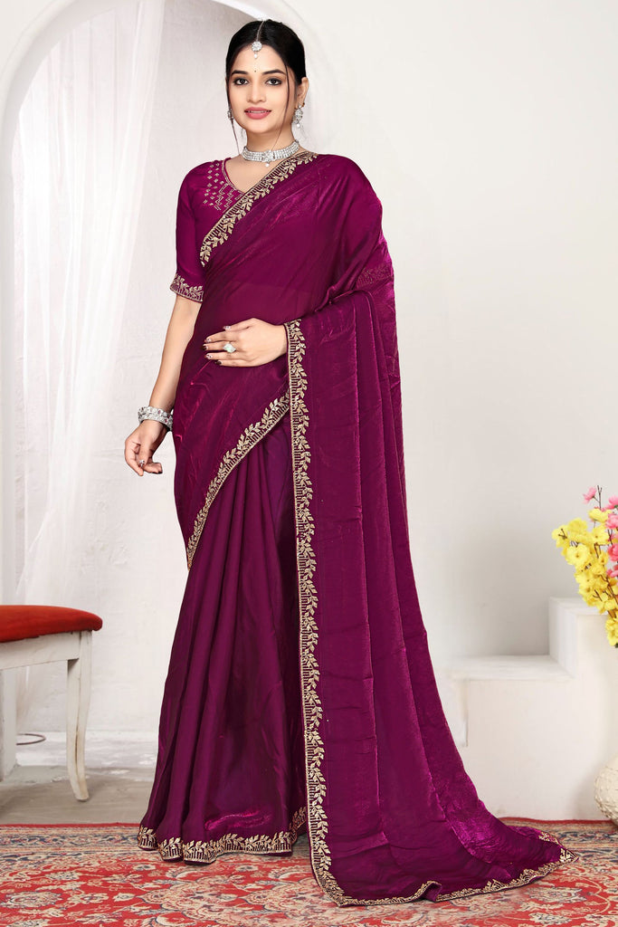 Wine Magenta Silk Saree with Rich Golden Zari Border Designer Saree