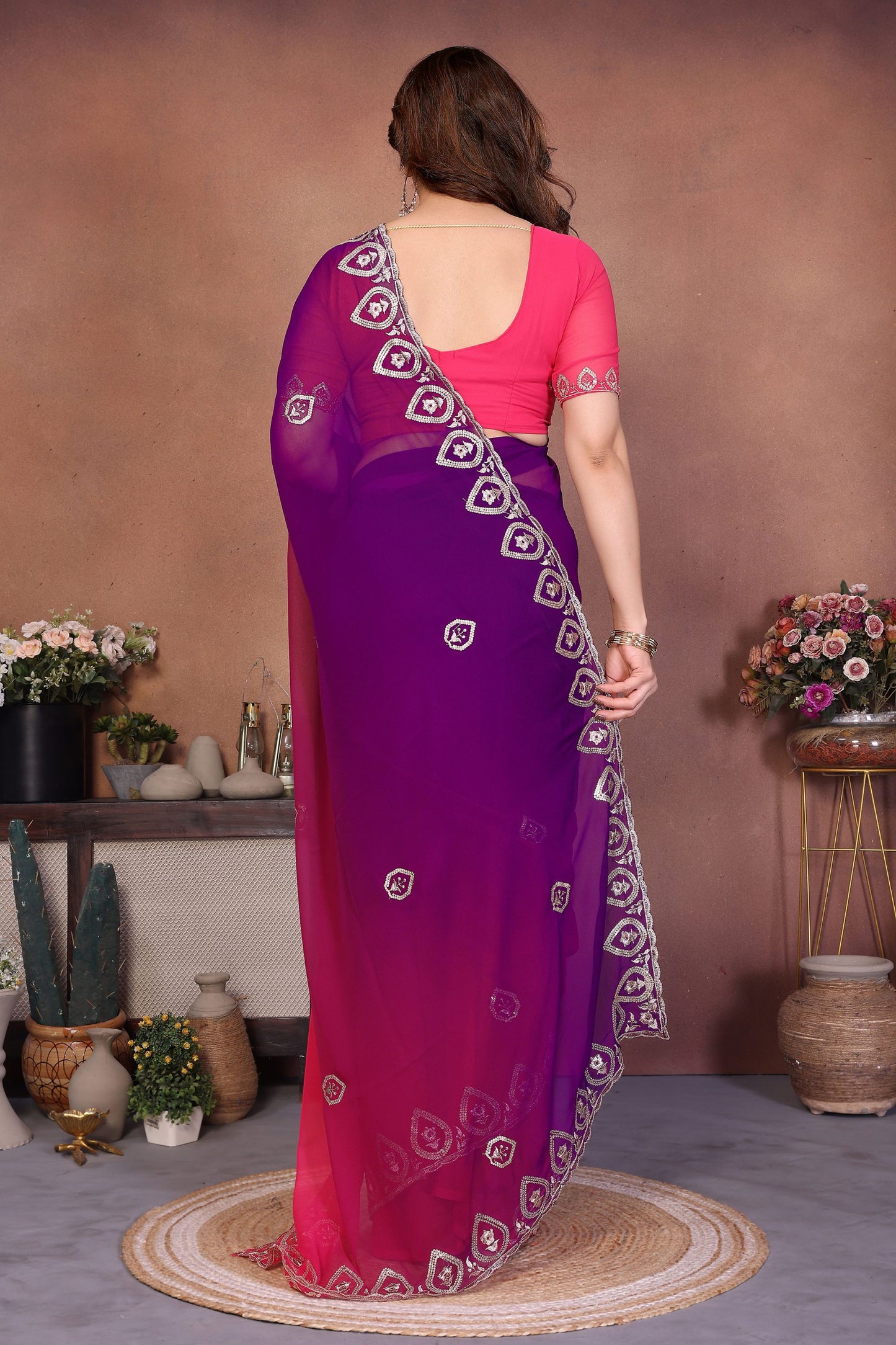 Pink and Purple Georgette Saree Embroidered Border Work