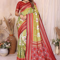 Olive Green Ikat Silk Saree with Rich Red Contrast Border Traditional Saree
