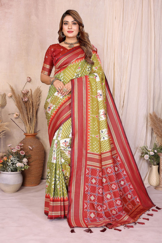 Olive Green Ikat Silk Saree with Rich Red Contrast Border Traditional Saree