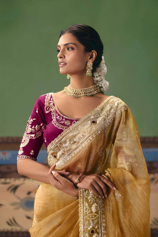 Mustard Yellow Organza Silk Saree Heavy Zari Embroidery Border Designer Blouse