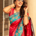 Coral Red Silk Saree Teal Green Contrast Border Floral Zari Work