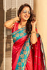 Coral Red Silk Saree Teal Green Contrast Border Floral Zari Work