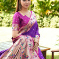 Purple Silk Saree Pink Border Multicolor Peacock Zari Weaving Work