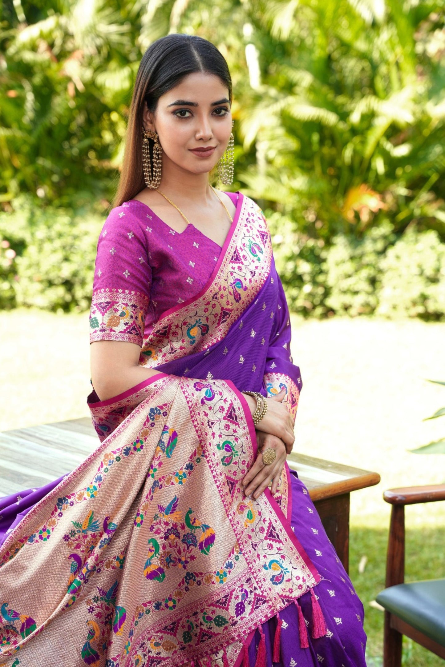 Purple Silk Saree Pink Border Multicolor Peacock Zari Weaving Work