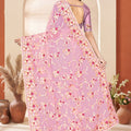 Designer Pink Net Floral Embroidered Saree Heavy Border Blouse