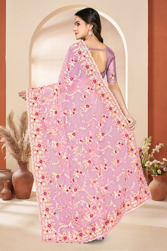 Designer Pink Net Floral Embroidered Saree Heavy Border Blouse