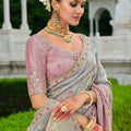 Premium Pink Grey Embroidered Silk Saree Festive Wear