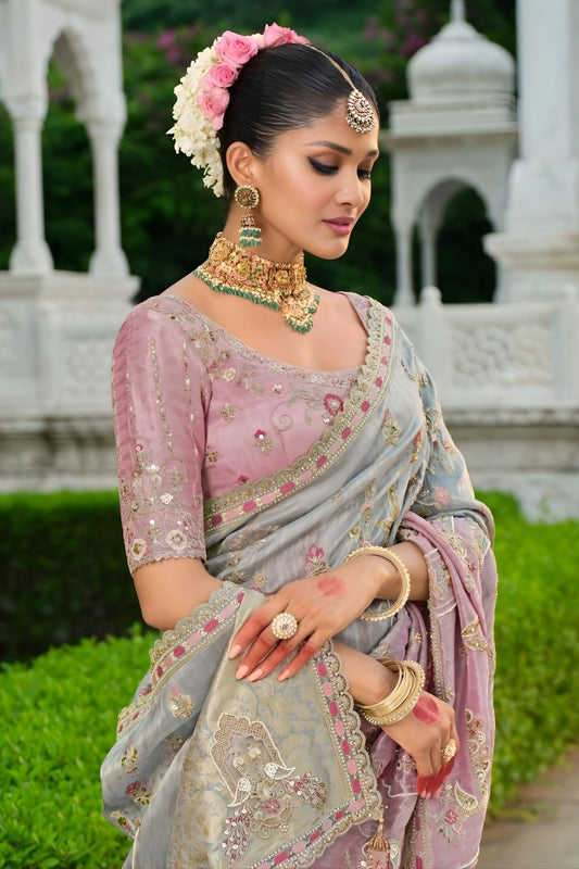 Premium Pink Grey Embroidered Silk Saree Festive Wear