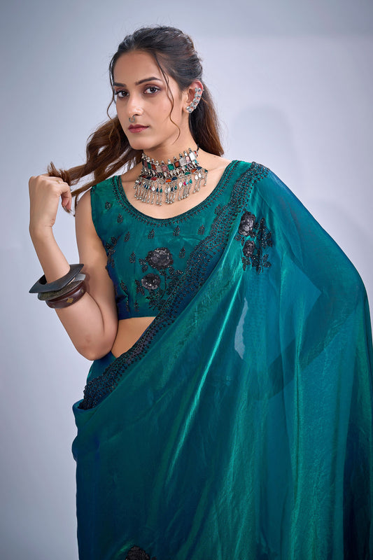 Teal Blue Organza Silk Saree Black Floral Embroidery Designer Blouse