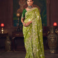 Olive Green Silk Saree with Designer Green Blouse