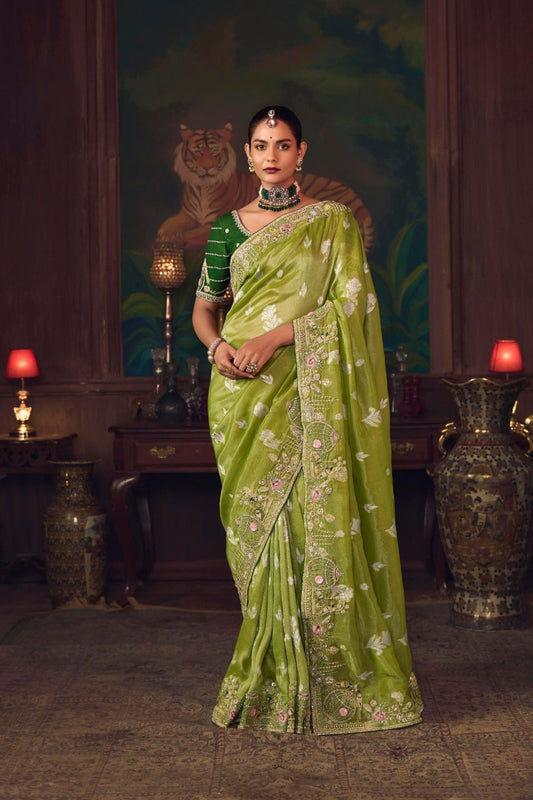 Olive Green Silk Saree with Designer Green Blouse