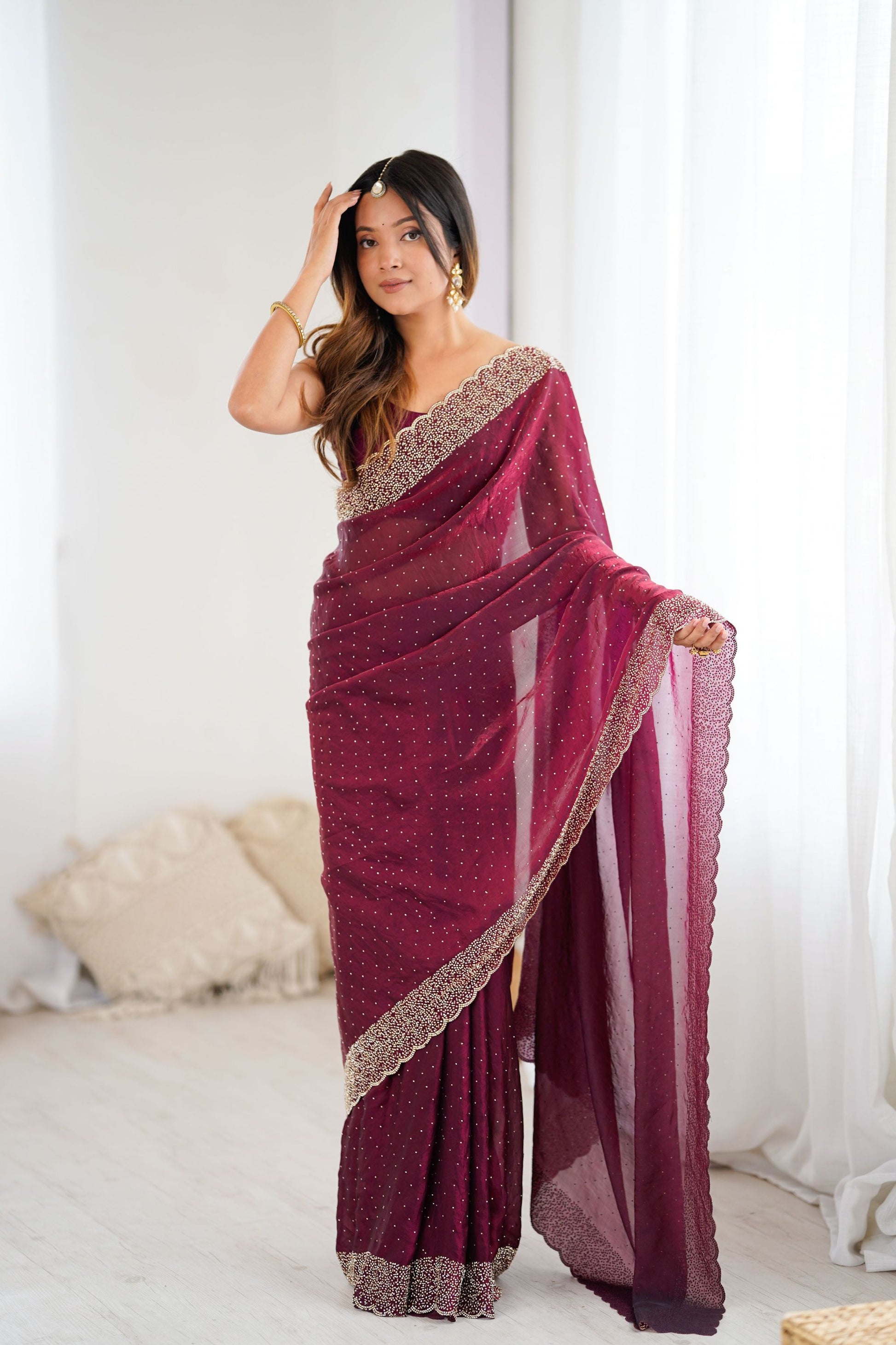 Maroon Party Wear Georgette Saree with Embroidered Border 