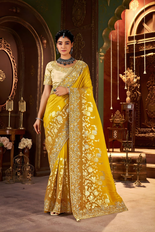  Mustard Yellow Embroidered Silk Blend Saree with Designer Blouse 