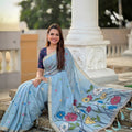 Sky Blue Linen Silk Saree with Multicolor Floral Print Woven Border