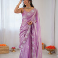 Lavender Soft Silk Saree with Silver Floral Embroidery Border Matching Blouse 
