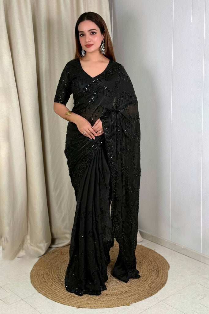 Designer Black Party Wear Saree with Intricate Sequins Embellishments