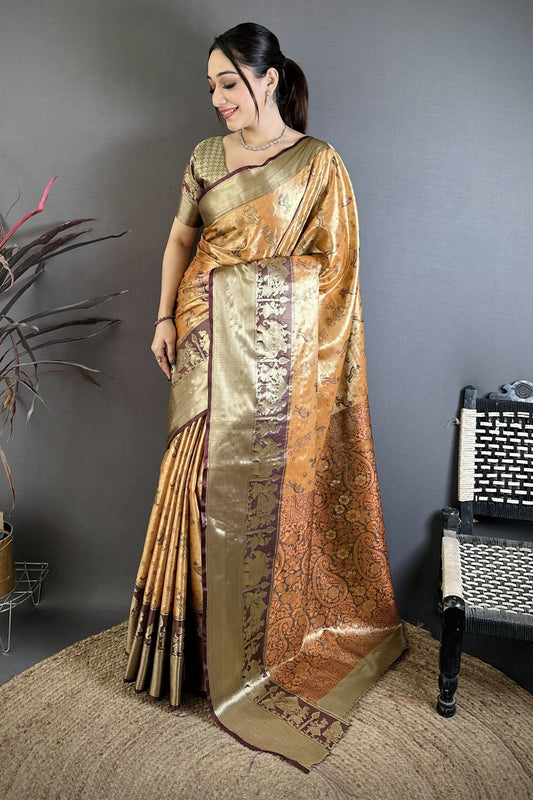 Mustard Gold Maroon Kanjivaram Silk Saree Traditional Zari Woven Saree