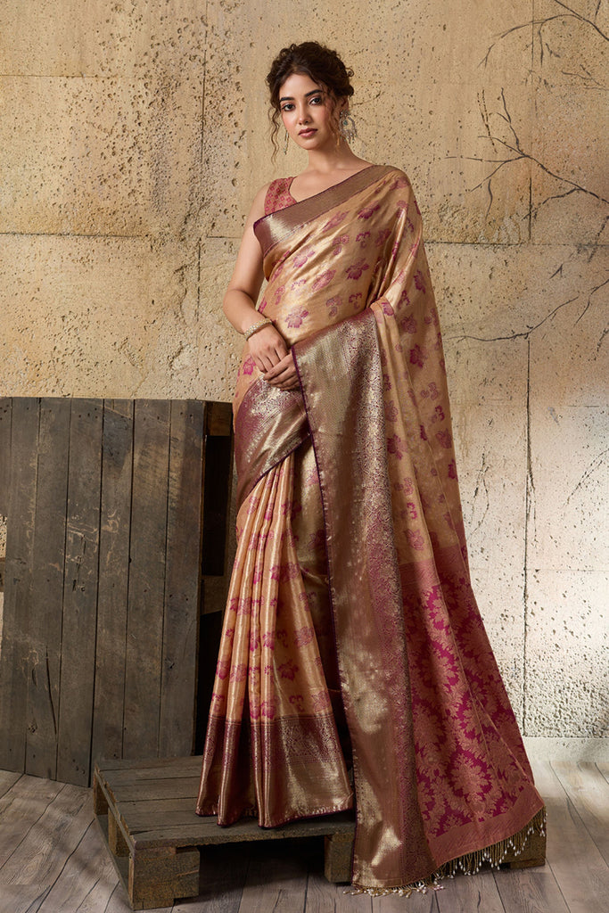 Royal Beige Banarasi Silk Saree with Pink Zari Border Floral Weaving Saree