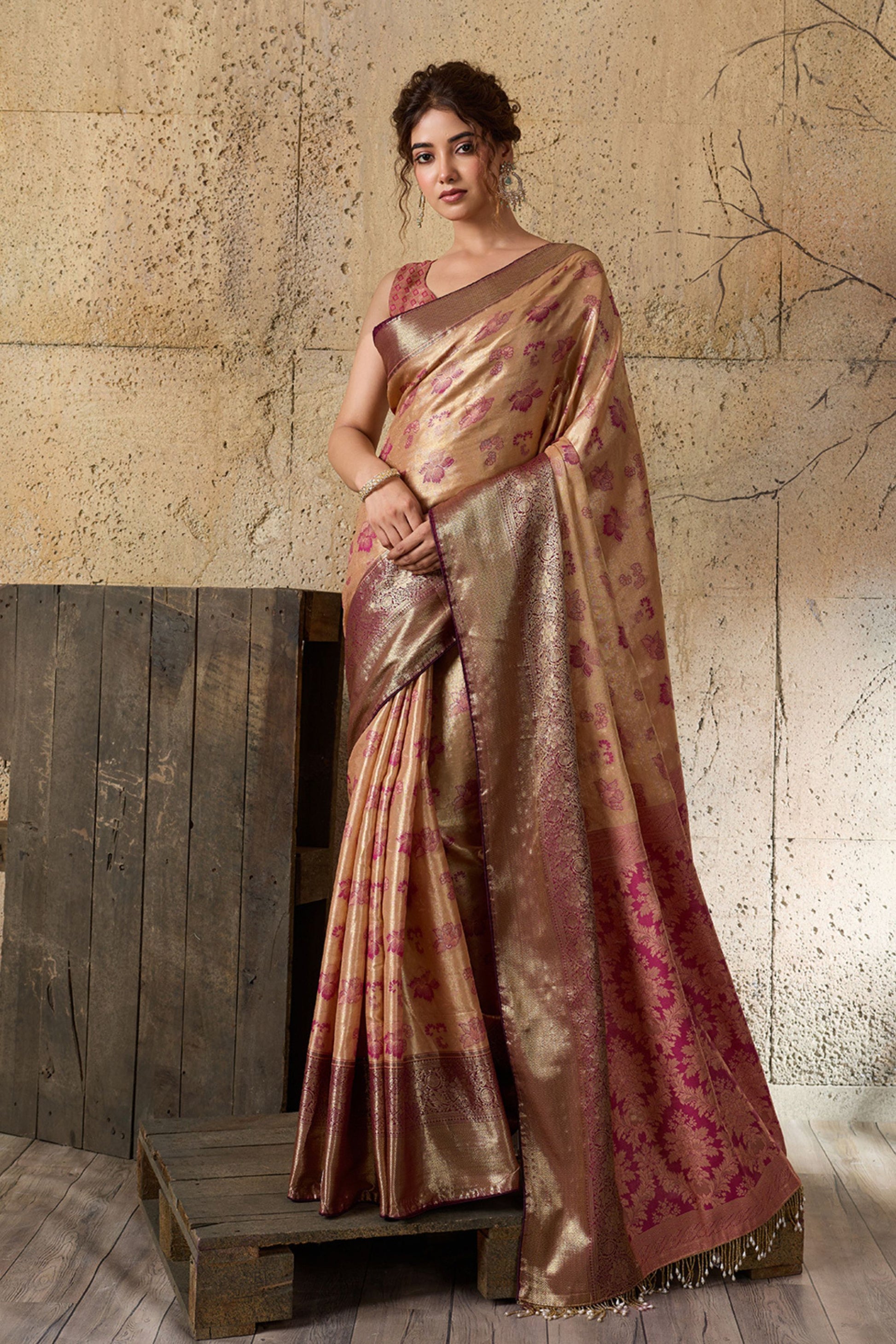 Royal Beige Banarasi Silk Saree with Pink Zari Border Floral Weaving Saree