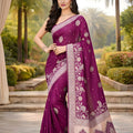 Purple Banarasi Silk Saree with Silver Zari Floral Weaving Traditional Wear