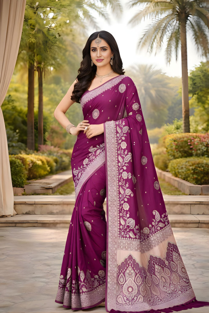 Purple Banarasi Silk Saree with Silver Zari Floral Weaving Traditional Wear
