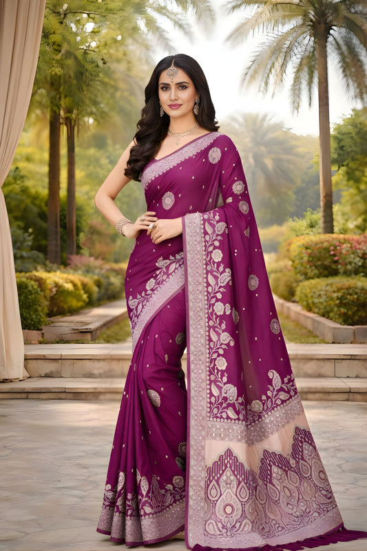 Purple Banarasi Silk Saree with Silver Zari Floral Weaving Traditional Wear