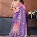 Pink Purple Embroidered Organza Silk Saree Designer Border