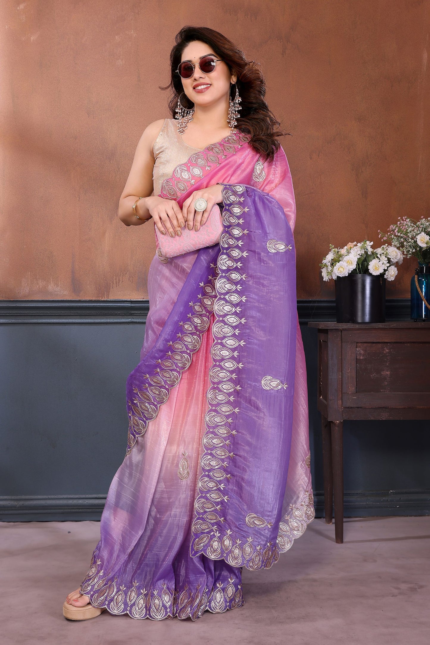 Pink Purple Embroidered Organza Silk Saree Designer Border