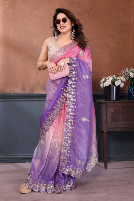 Pink Purple Embroidered Organza Silk Saree Designer Border