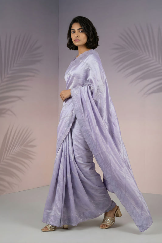 Lavender Silk Saree with Embroidered Border Designer Blouse
