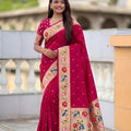 Rani Pink Floral Woven Linen Silk Saree Designer Peacock Border