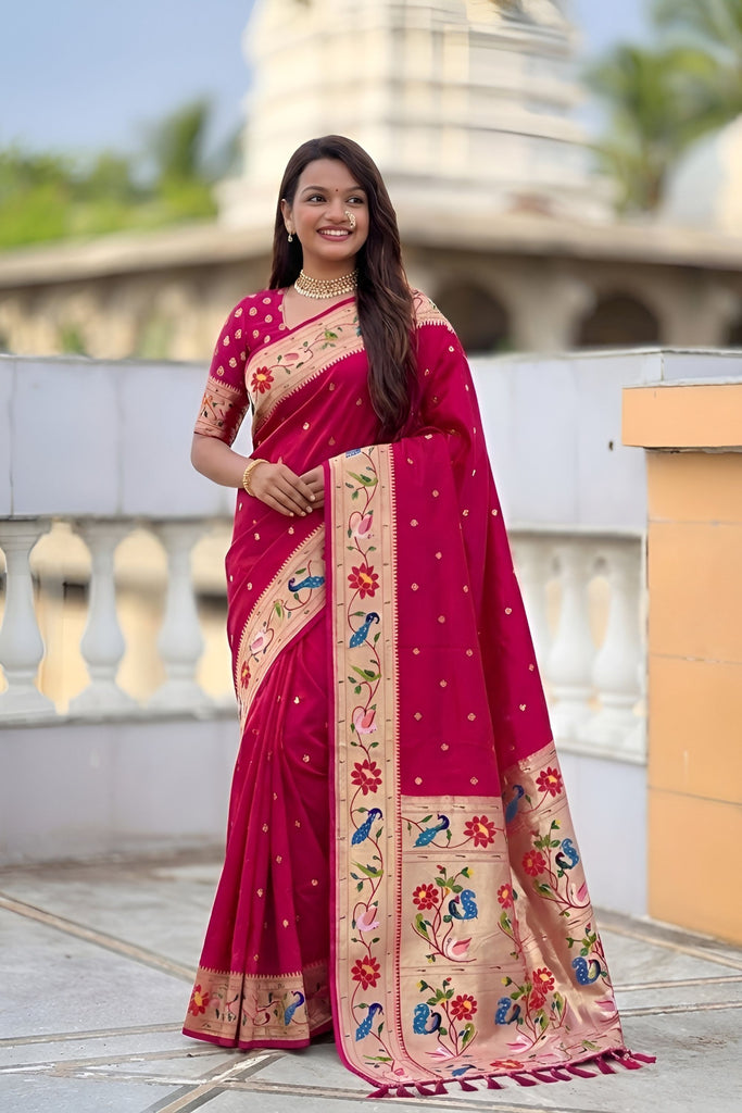 Rani Pink Floral Woven Linen Silk Saree Designer Peacock Border