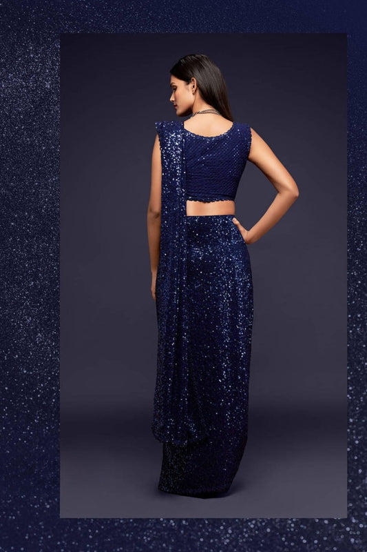 Designer Navy Blue Sequins Party Wear Saree with Blouse