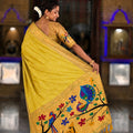 Mustard Yellow Cotton Silk Saree Golden Border Peacock Floral Designer Pallu