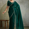  Bottle Green Chiffon Saree with Zari Border Embroidered Blouse 