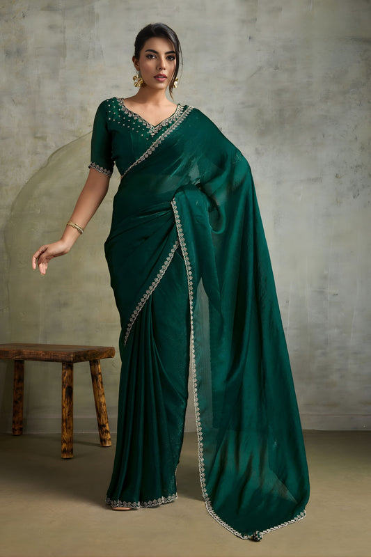  Bottle Green Chiffon Saree with Zari Border Embroidered Blouse 