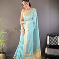 Sky Blue Linen Silk Saree with Golden Zari Border Tassel Pallu