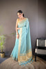 Sky Blue Linen Silk Saree with Golden Zari Border Tassel Pallu